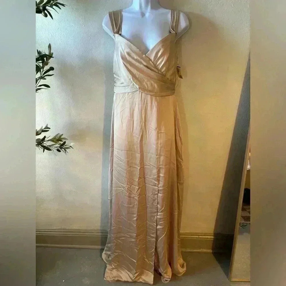 Womens Off-the-Shoulder Flounce Sleeve Empire Waist Gown with Front Slit